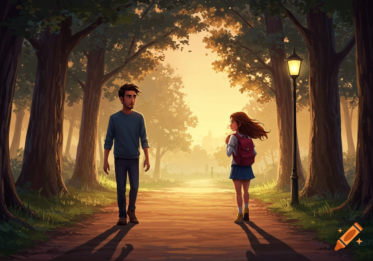 A stylized illustration of a man and woman passing on a sunlit forest path. The woman has a red backpack, turning away from the man.
