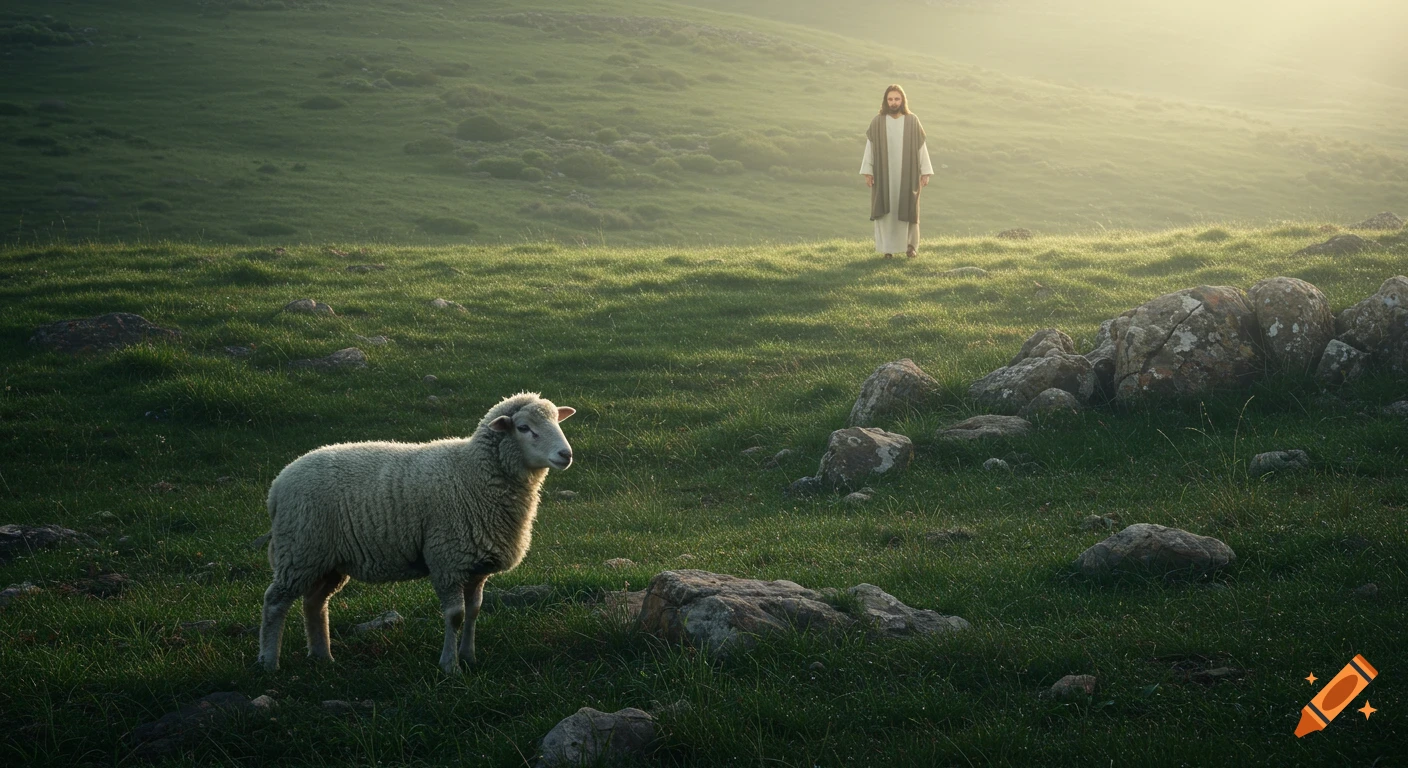 Photorealistic image of Jesus standing on a misty green hill, looking towards a sheep in the foreground.
