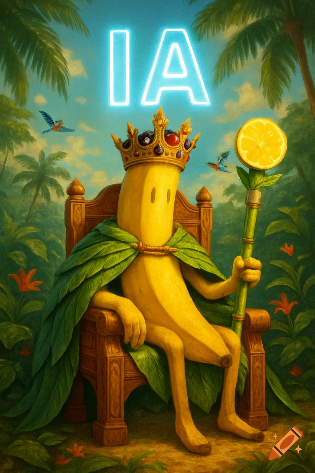A painterly image of a banana king in a crown and palm leaf cape, holding a lemon scepter, sitting on a throne in a jungle under glowing 'IA' text.
