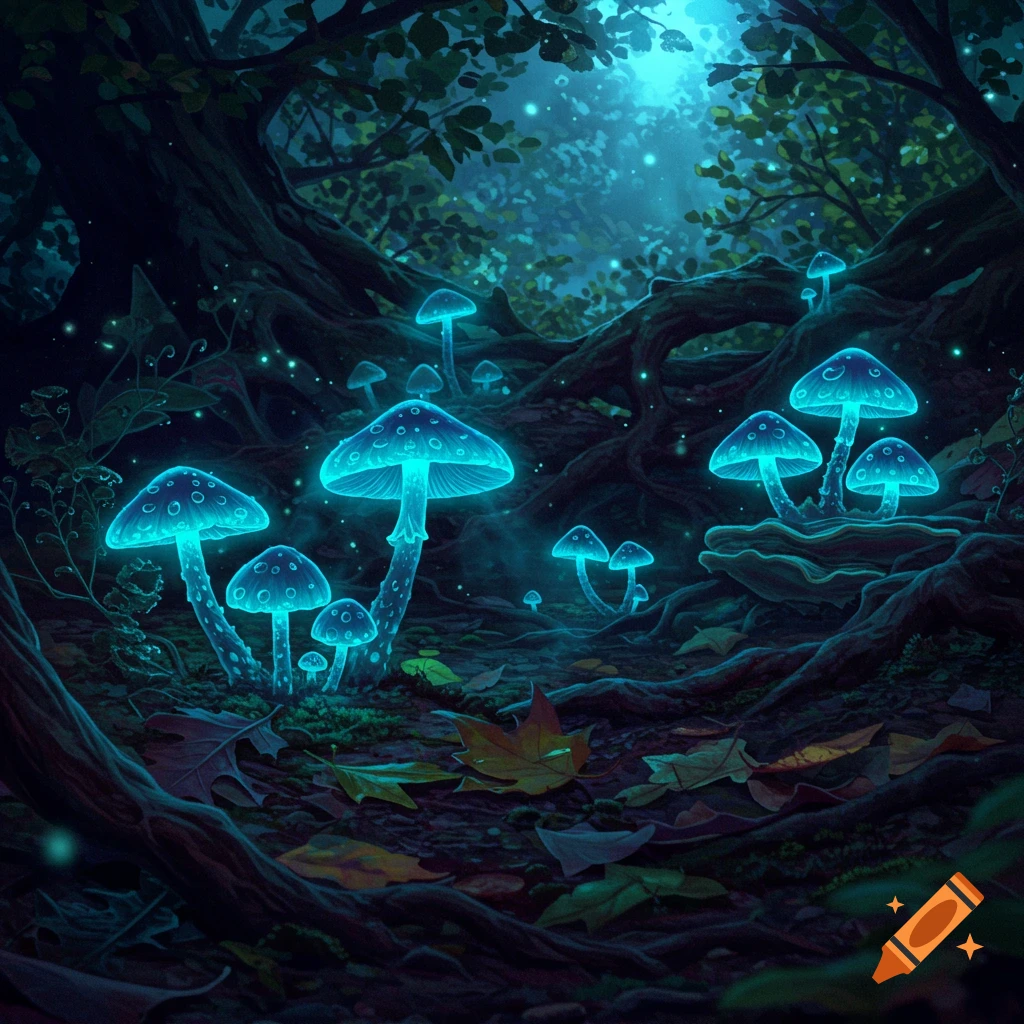 Dark fantasy forest with numerous glowing blue mushrooms, intricate roots, and scattered autumn leaves on the ground, illuminated by ethereal light.