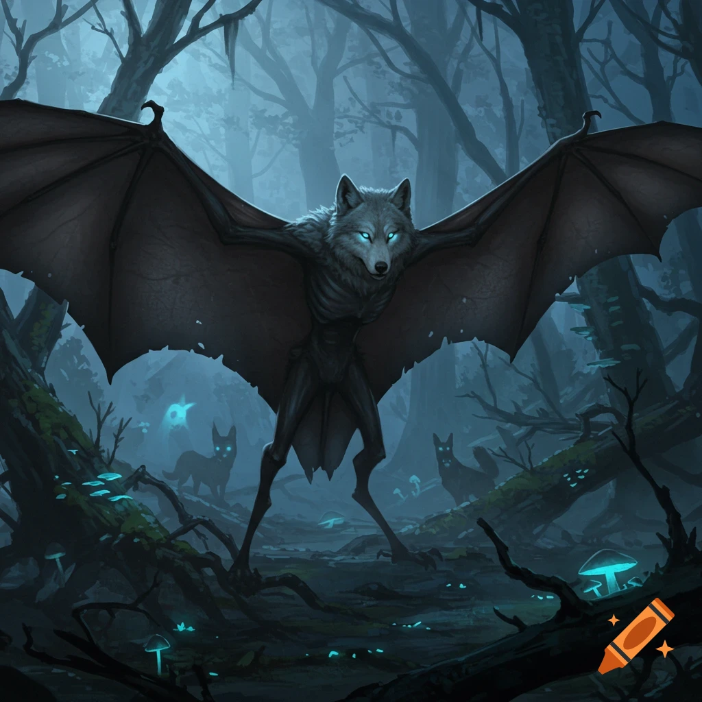 A wolf-headed, bat-winged creature with glowing eyes stands in a dark, mystical forest with glowing mushrooms.