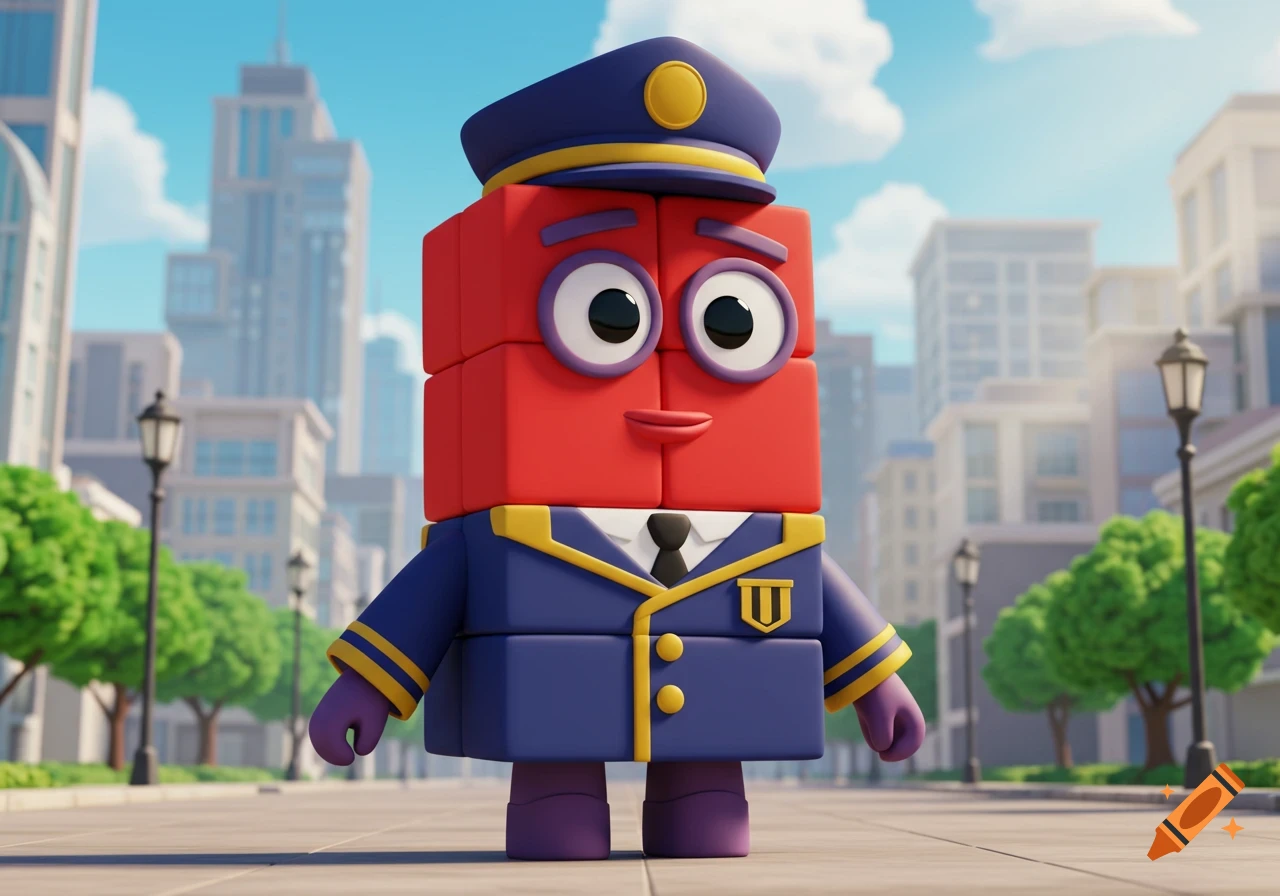 A red block Numberblock character dressed as a police officer stands on a city street in a 3D animated style.