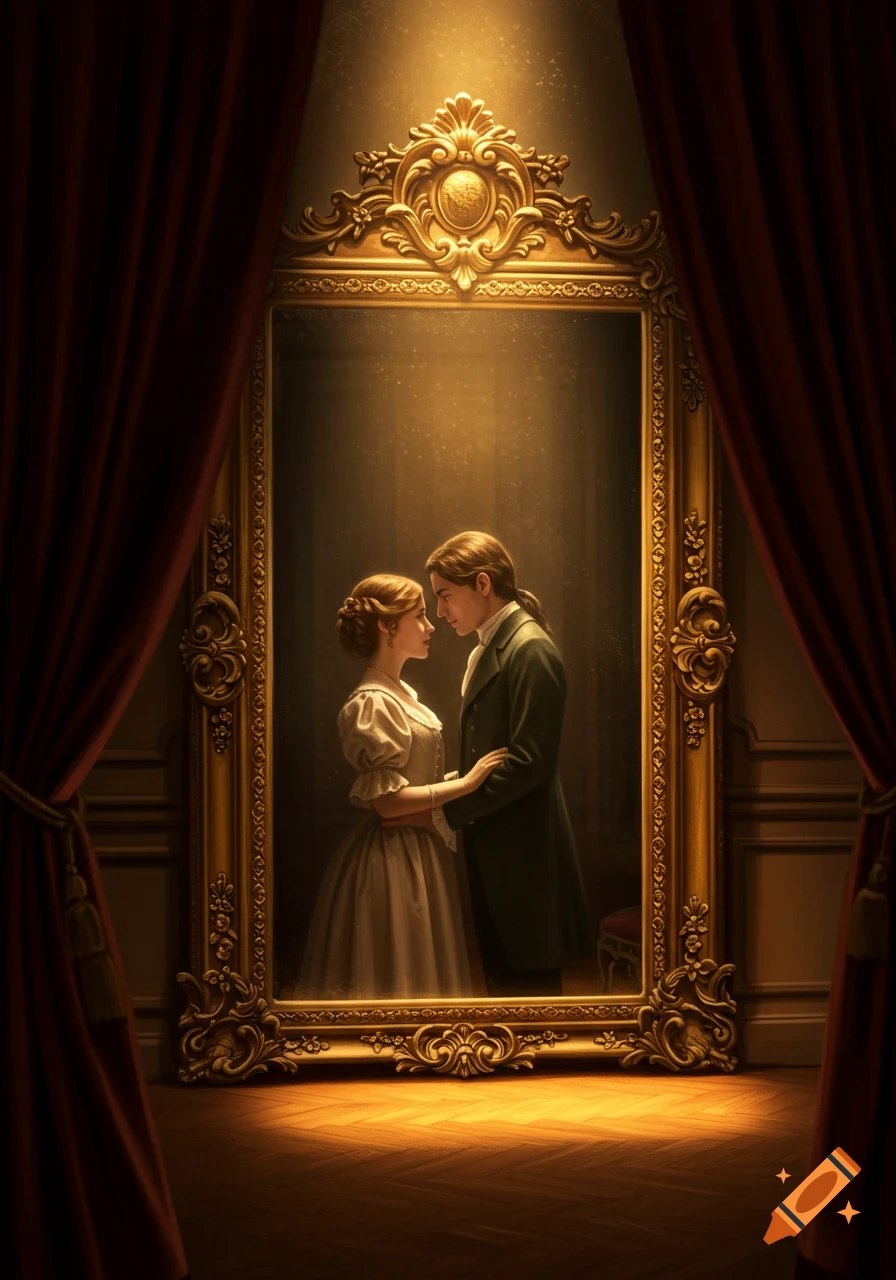 A romantic couple in period attire reflected in an ornate golden mirror, framed by red velvet curtains in a dimly lit room.