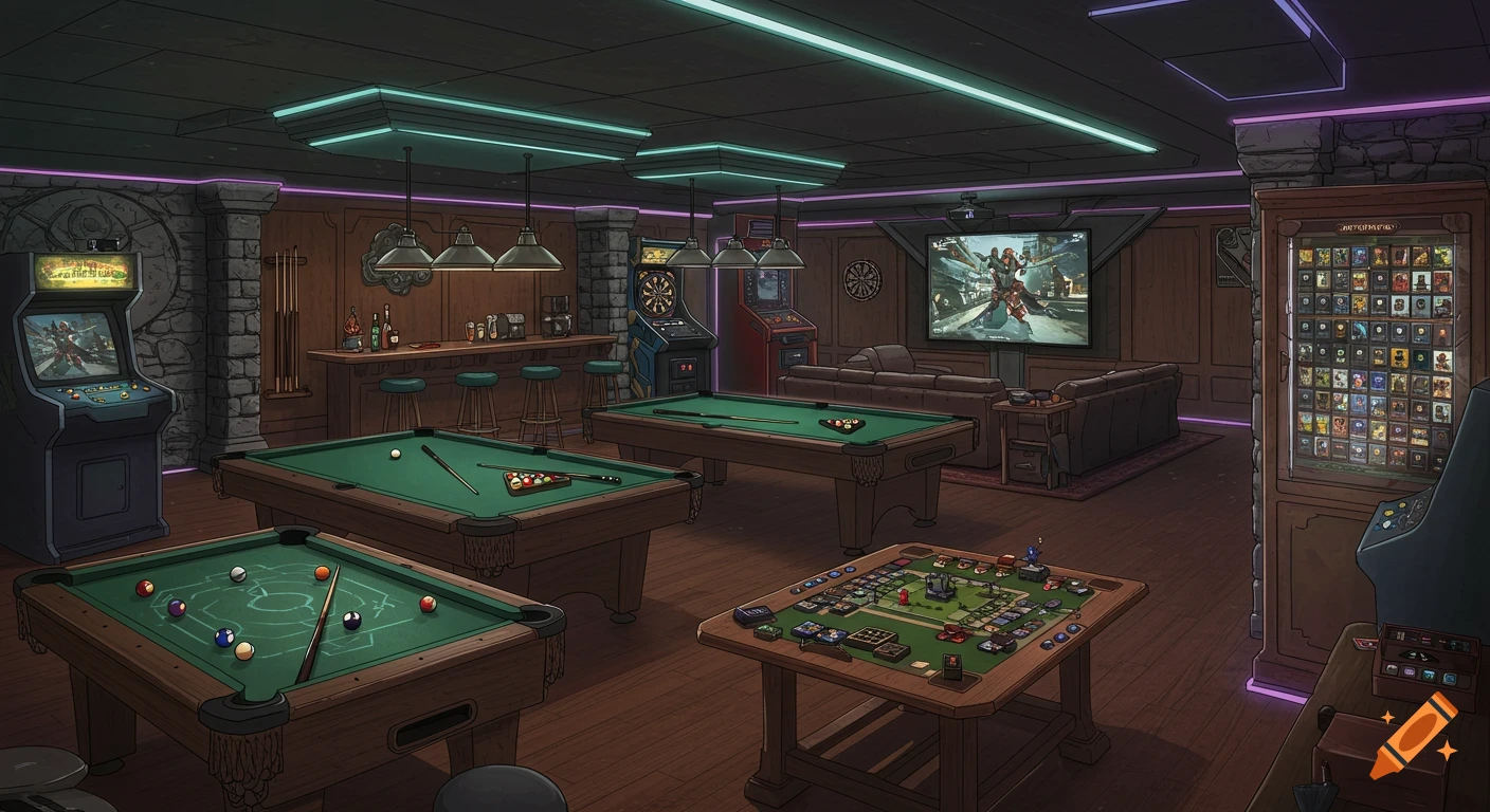 An illustration of a vibrant basement hobby room with neon lights, featuring two pool tables, a bar, arcade machines, dartboards, a large TV, sofas, a board game table, and a collectible card cabinet.