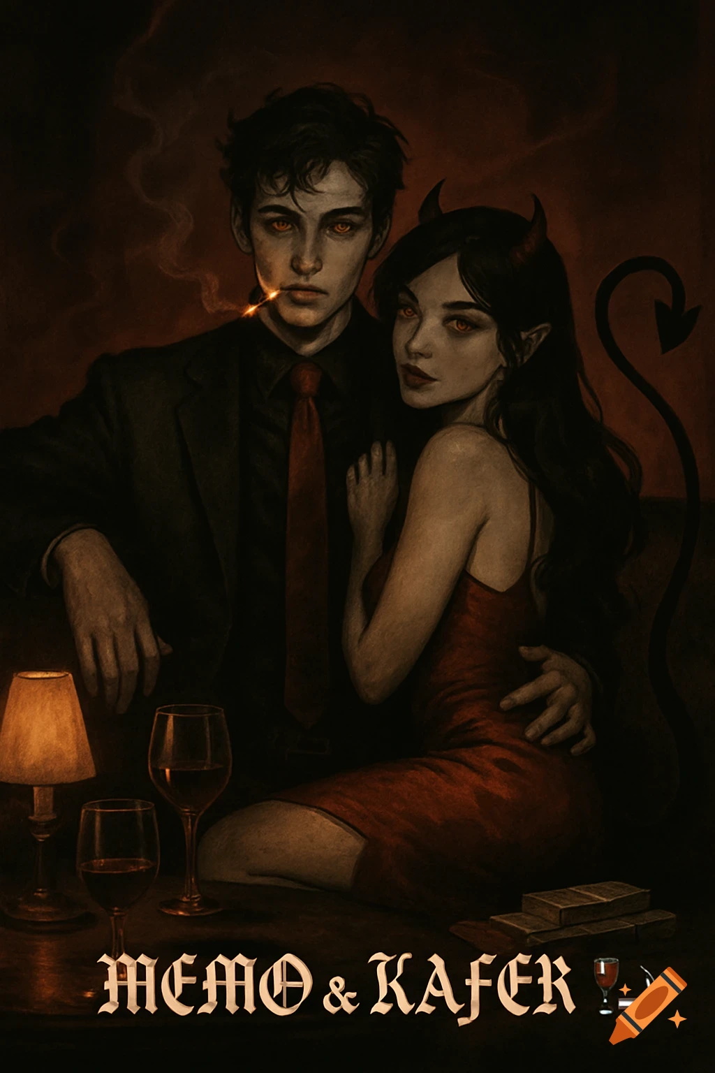 A dark, semi-realistic illustration of a man smoking with a devil-woman in a red dress, in a dimly lit bar with wine glasses.