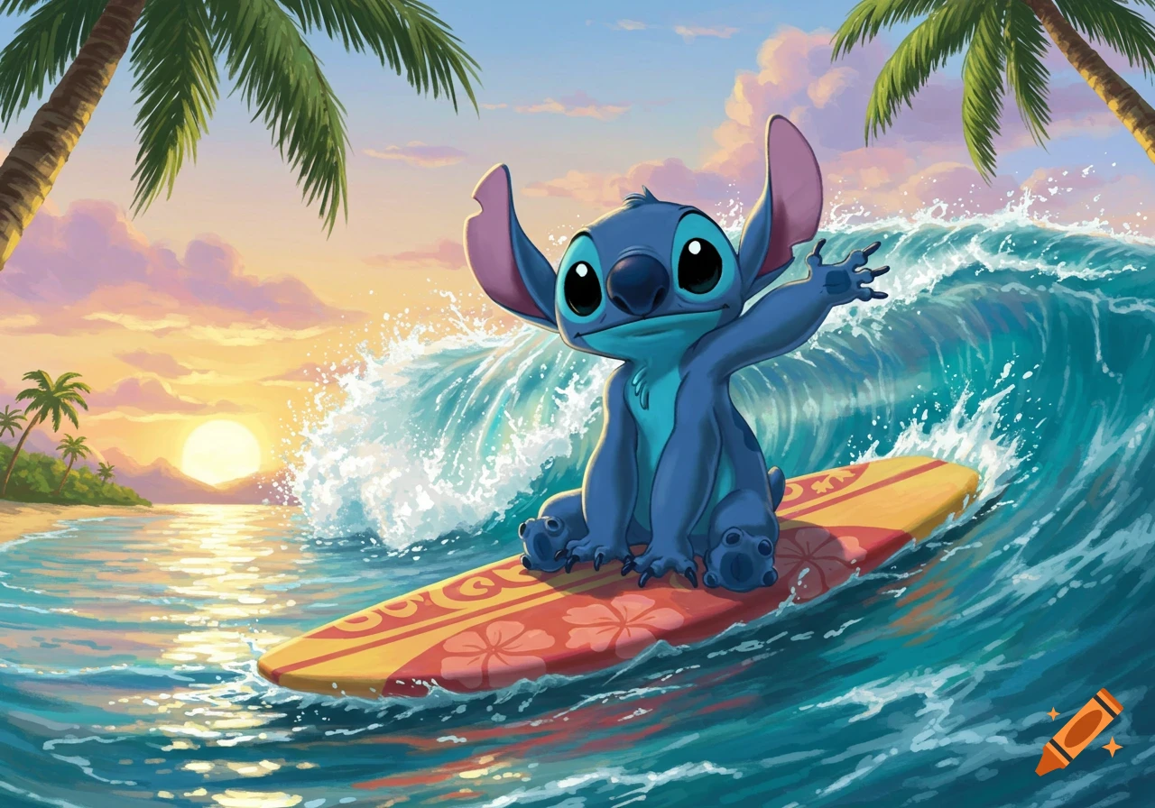 Stitch from Lilo & Stitch surfing on a wave at a tropical beach during sunset in a vibrant cartoon style.