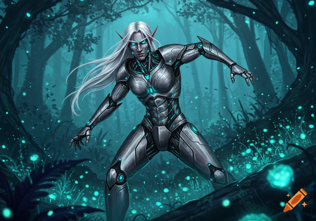 A white-haired cyborg elf in metallic armor stands alert in a mystical glowing teal forest, digital illustration.