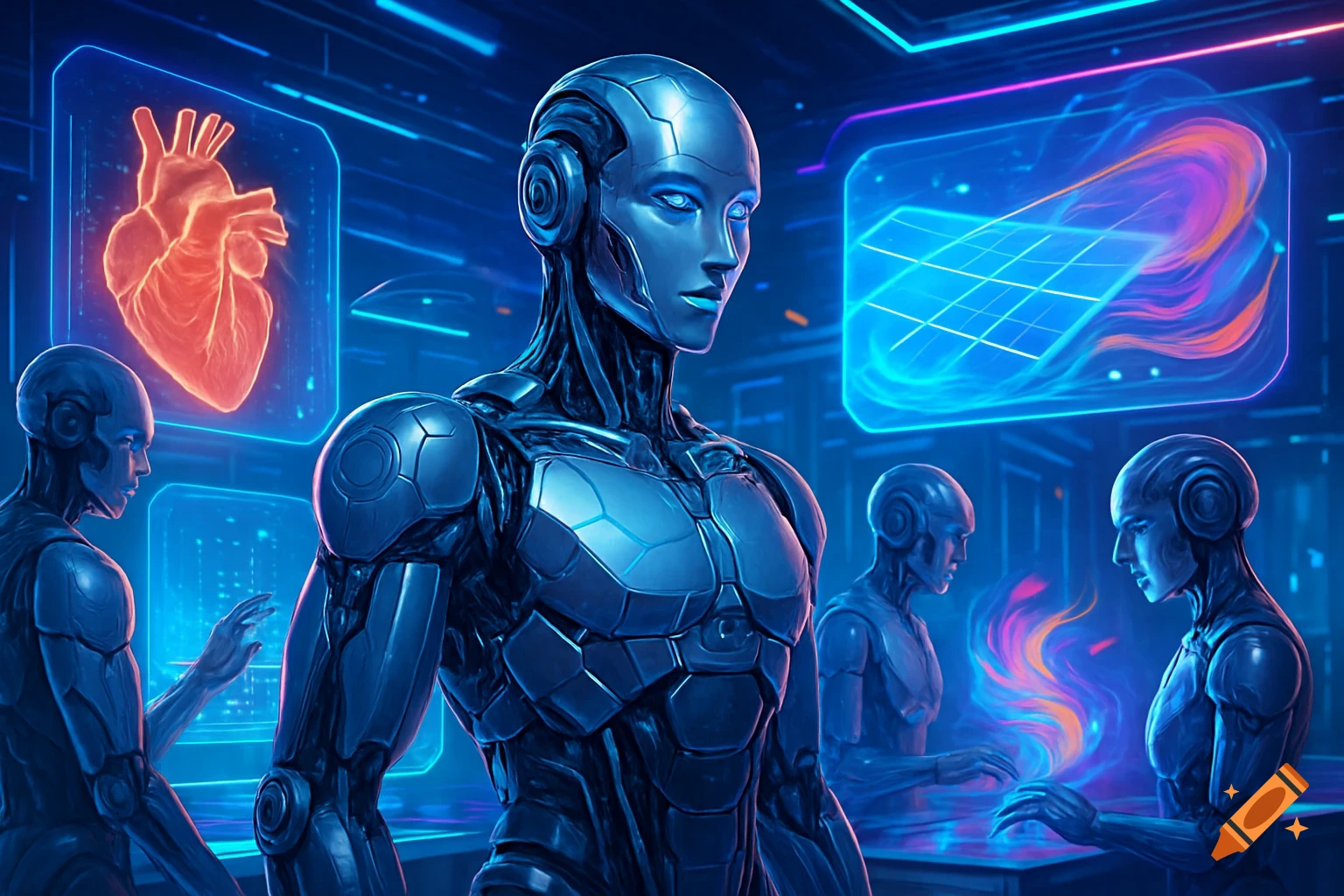 Humanoid robots in a futuristic blue-lit lab, interacting with holographic displays showing a human heart and data.