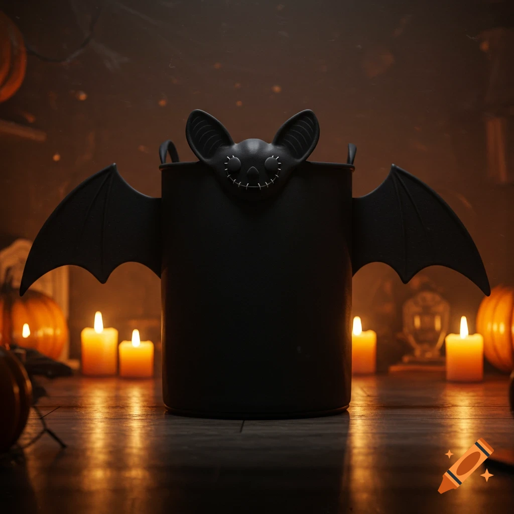 A black bat-shaped Halloween basket sits on a wooden floor, surrounded by lit candles and pumpkins in a dim, spooky setting.