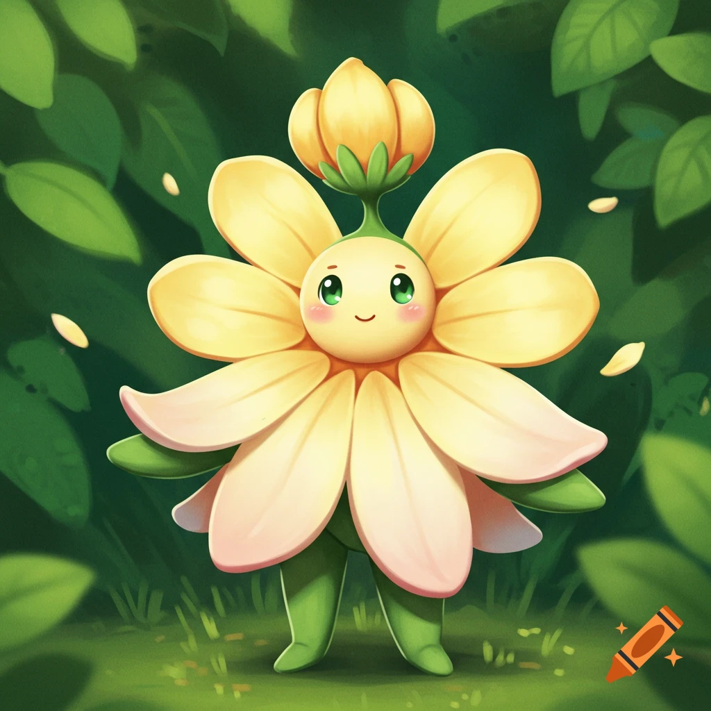 A cute, smiling, cartoon flower character with yellow petals and a green body, standing in a lush green forest.