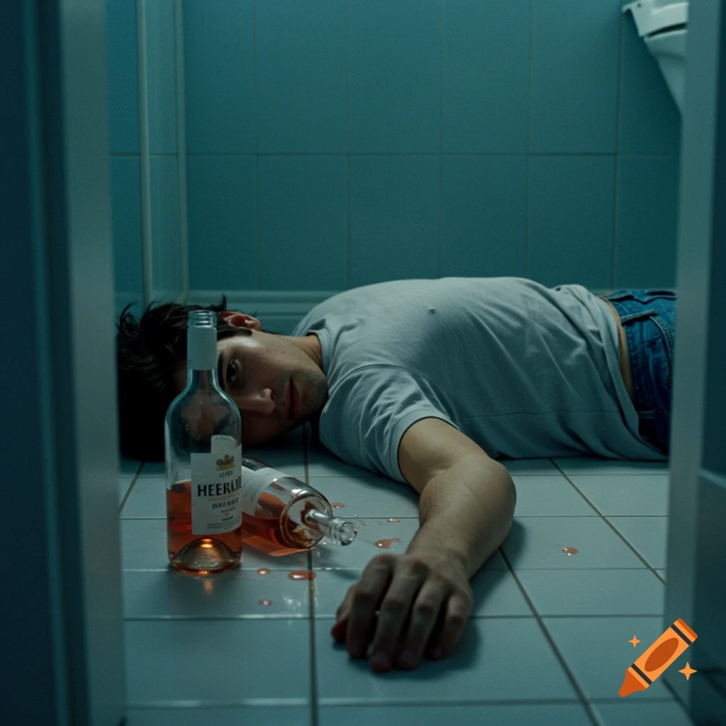 A young man passed out on a tiled bathroom floor with a spilled ros ampl;eacute; wine bottle beside him.