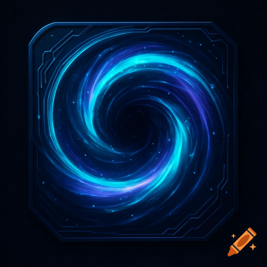 A glowing blue and purple energy vortex swirls within a dark, stylized futuristic frame, resembling a gaming portal logo.