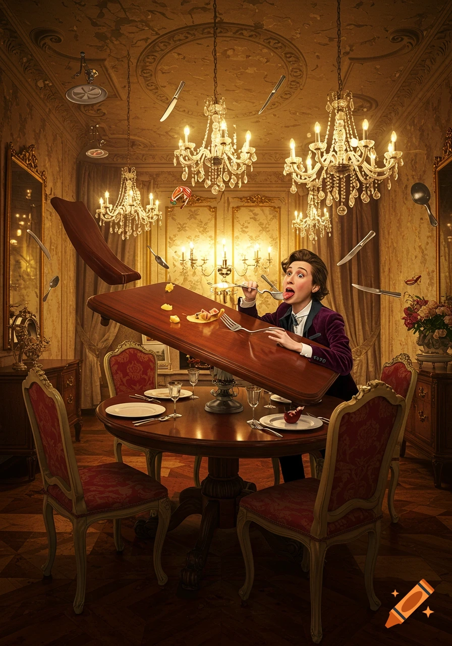 A person in a purple jacket greedily eats a tilting wooden dining table with a fork and spoon, tongue out, as cutlery and other objects float around an opulent, chandelier-lit room.