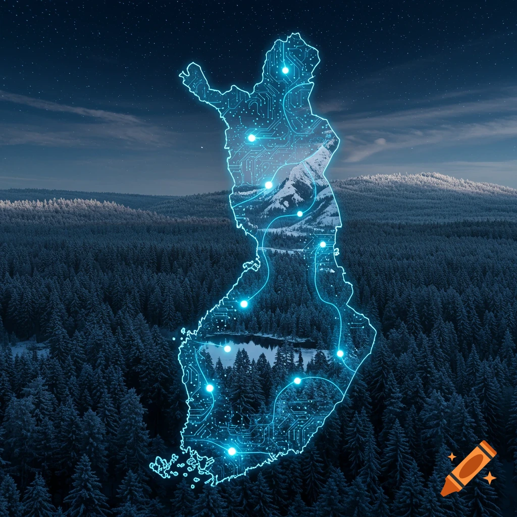 Digital map of Finland with glowing circuits, overlaid on a snowy forest and mountains under a starry night sky.