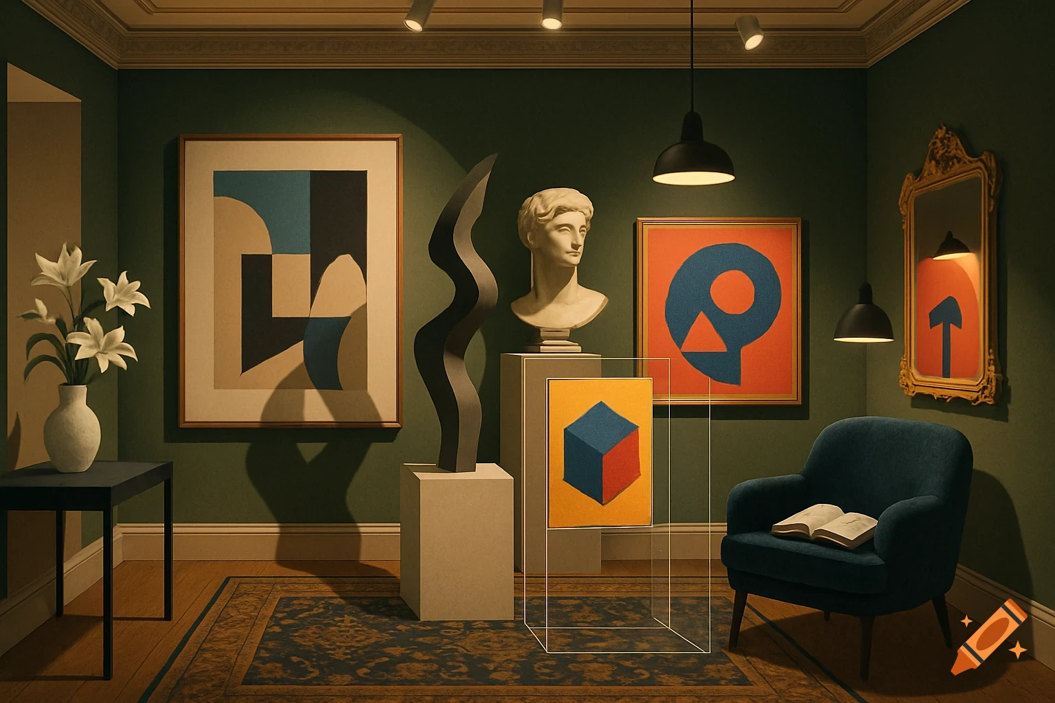 A dimly lit room with dark green walls, abstract art, sculptures, a blue armchair, and a vase of white lilies.