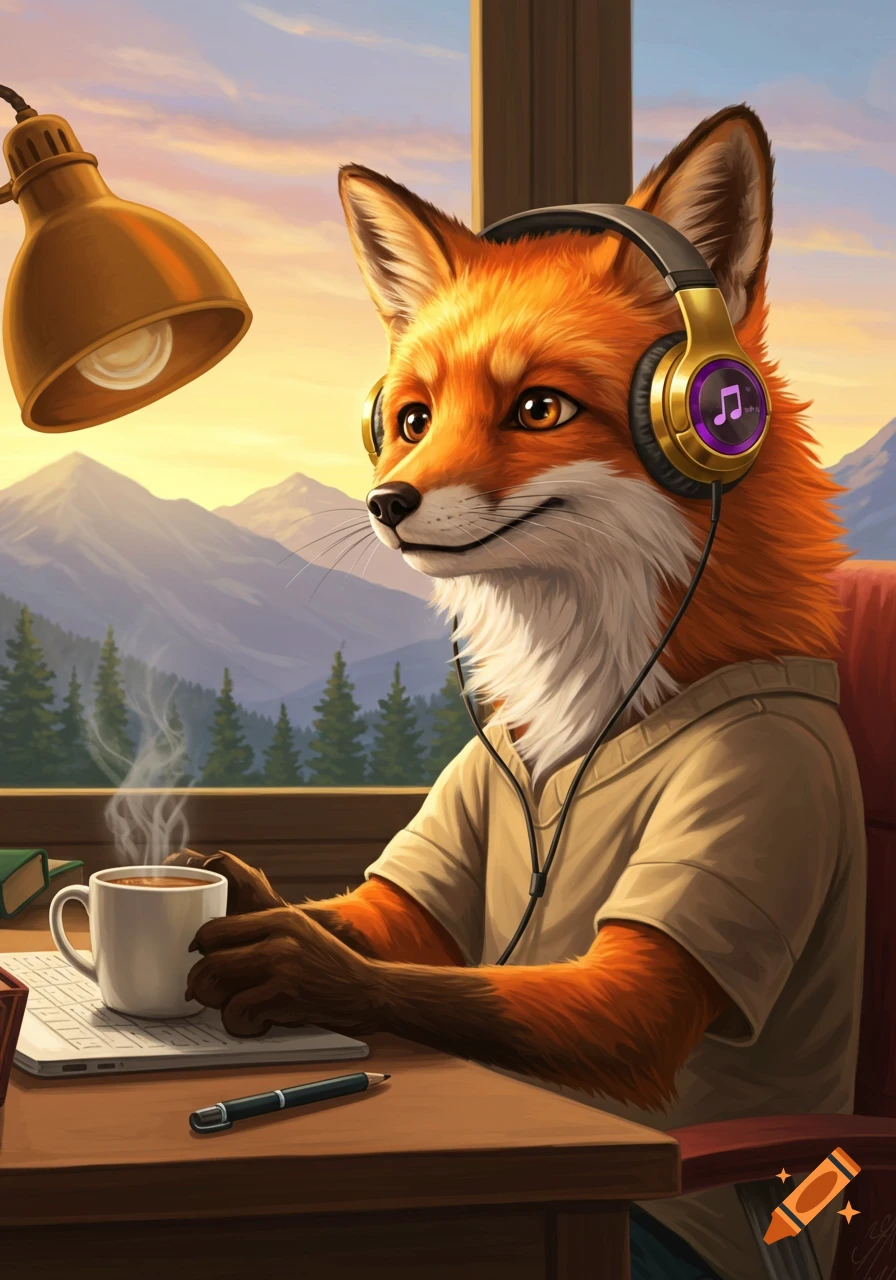 Vibrant illustration of a smiling anthropomorphic fox wearing headphones, drinking coffee at a desk with a mountain sunrise background.