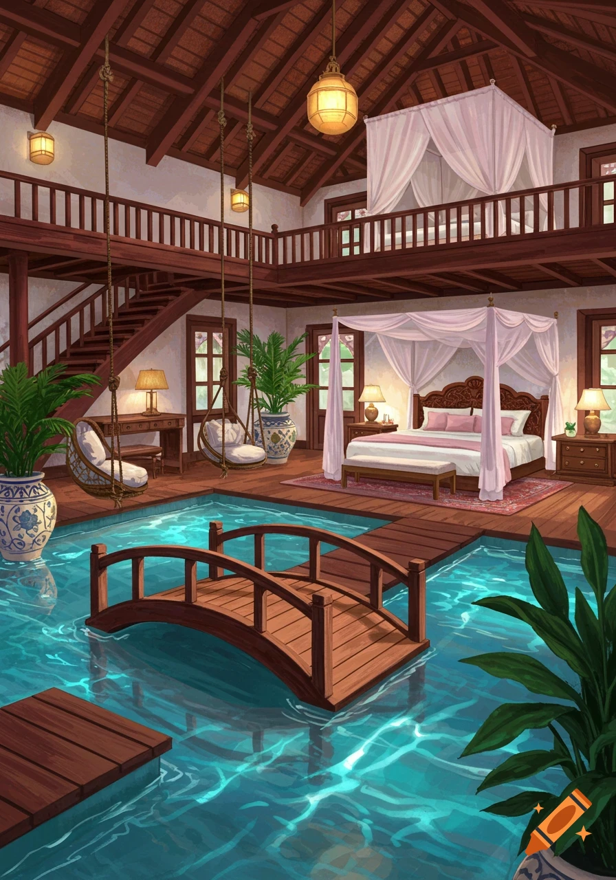 A luxurious indoor bedroom featuring a private blue pool with a wooden bridge, a four-poster canopy bed, a mezzanine level, and two hanging swing chairs, depicted in a detailed illustration style.