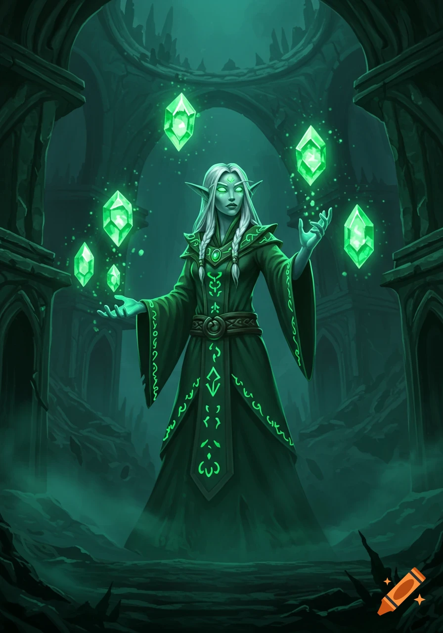 A white-haired snow-elf with glowing eyes in green robes summons glowing green gems in an eerie fantasy labyrinth.