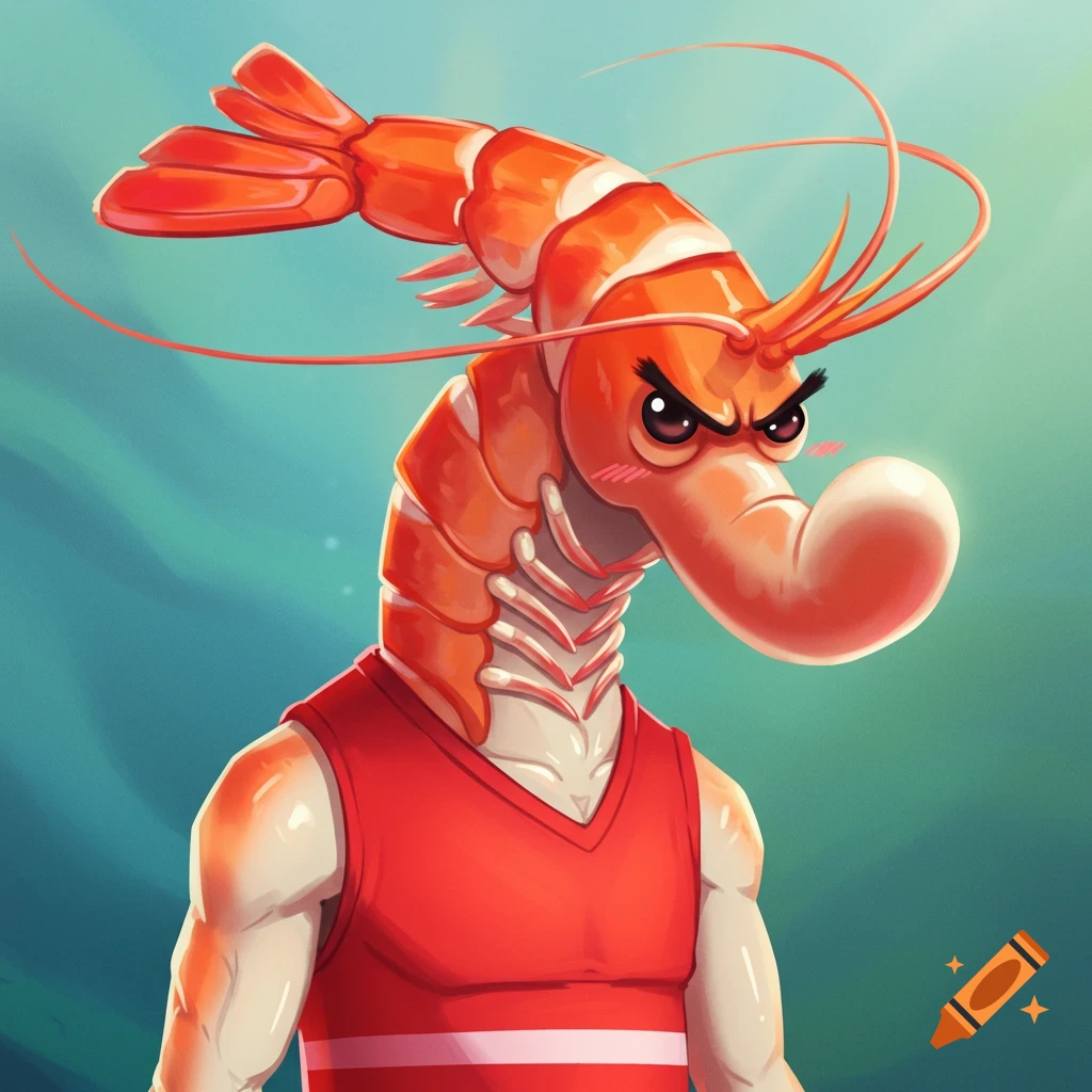 A cartoon anthropomorphic shrimp character with an angry face and blush, wearing a red sleeveless shirt, standing against a blue-green background.