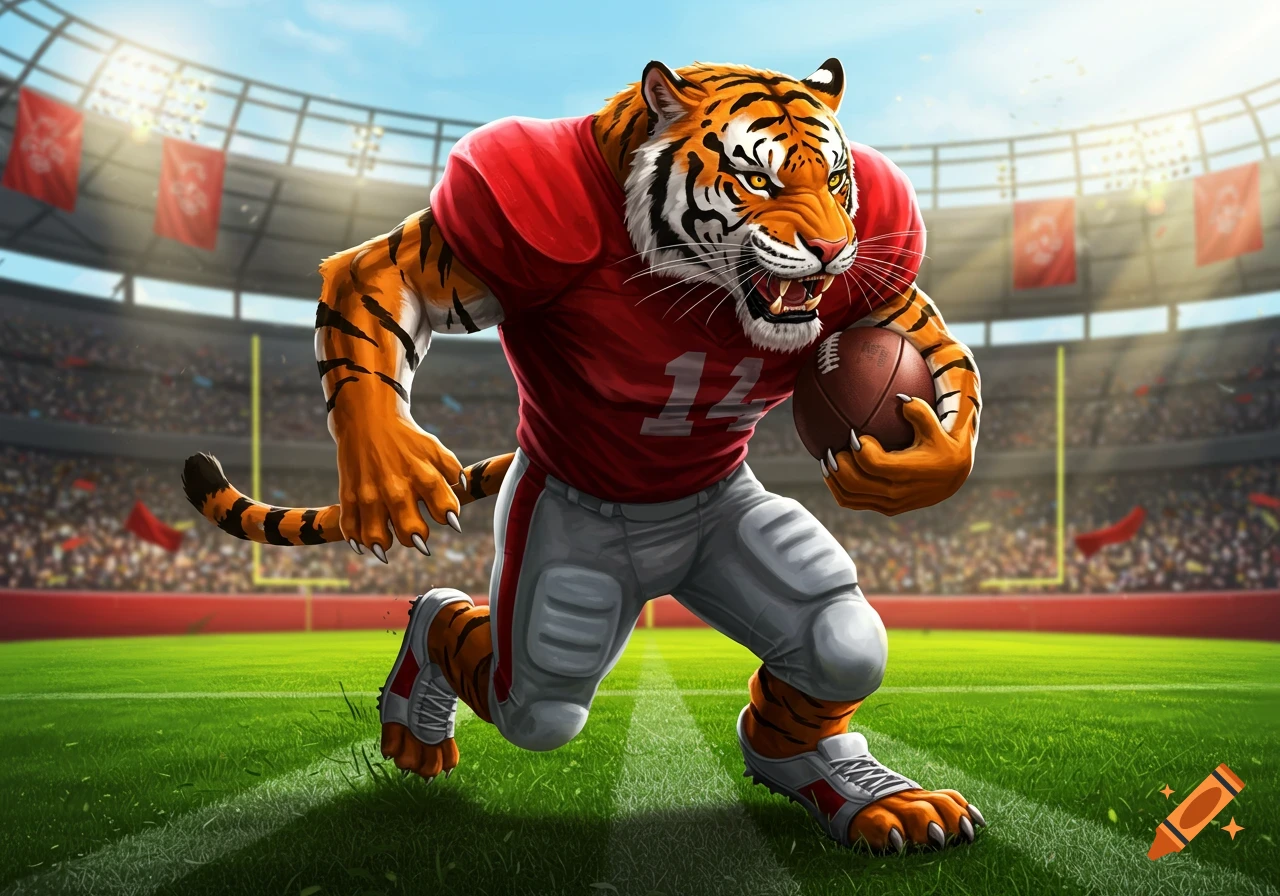 An anthropomorphic tiger in a red football uniform running with a football on a stadium field.