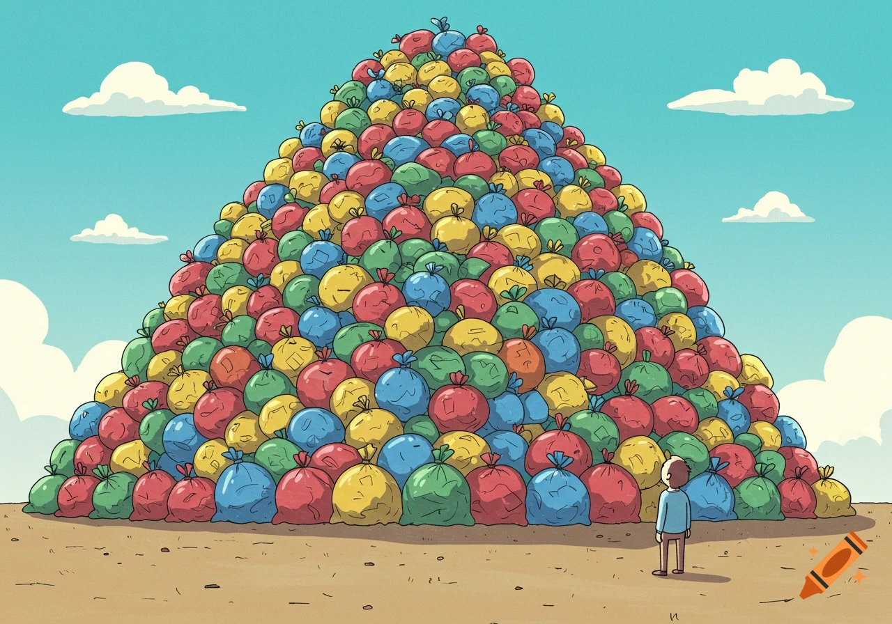 A person stands at the base of a massive, colorful mountain of trash bags under a blue sky, in a cartoon style.
