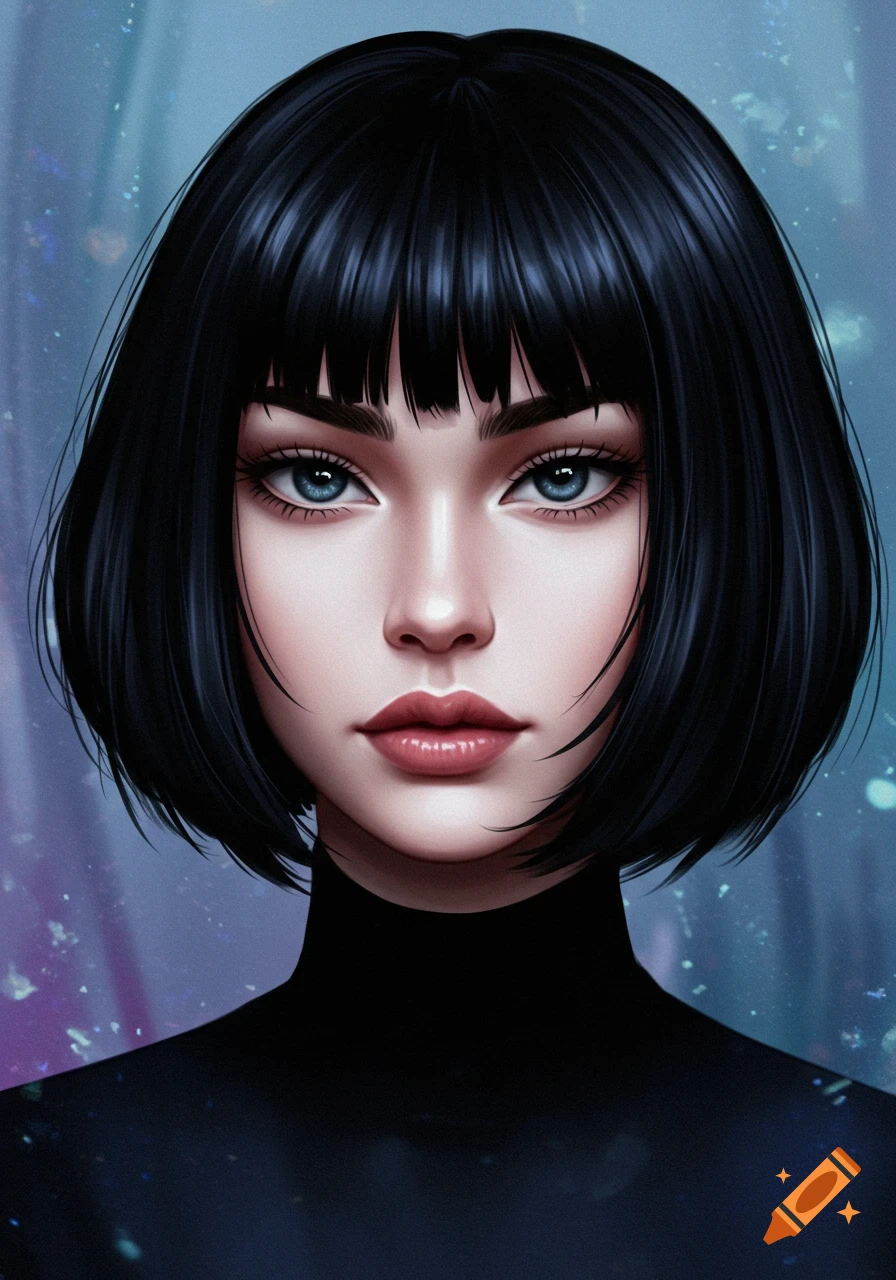 Digital art portrait of a woman with black bob hair, blue eyes, and a black turtleneck.
