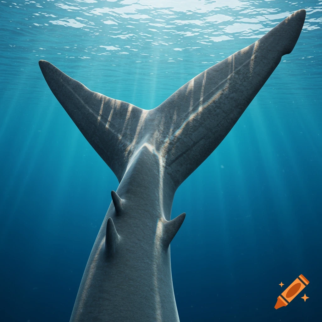 A shark's tail with unique spike-like patterns, illuminated by sunlight filtering through clear blue ocean water.
