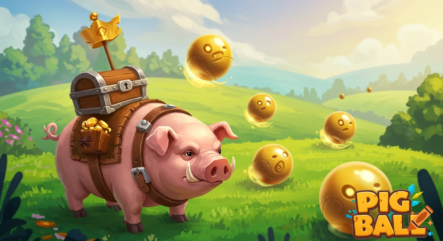 A cartoon pig with a treasure chest on its back in a grassy field, surrounded by golden orbs, with 'PIG BALL' logo.