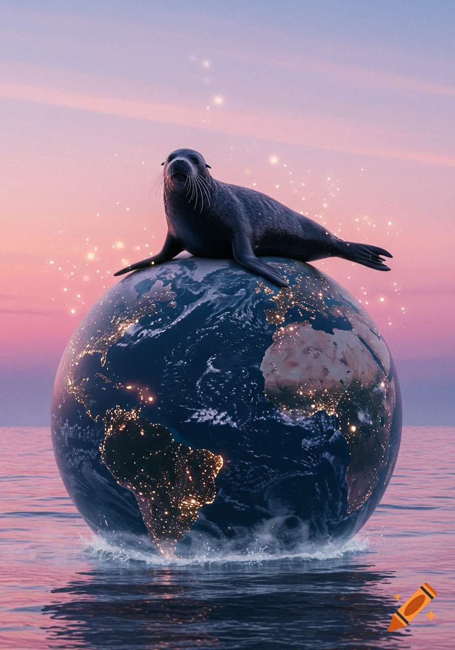 A photorealistic image of a seal resting atop a glowing globe of the Earth in the ocean at sunset, with sparkling lights.