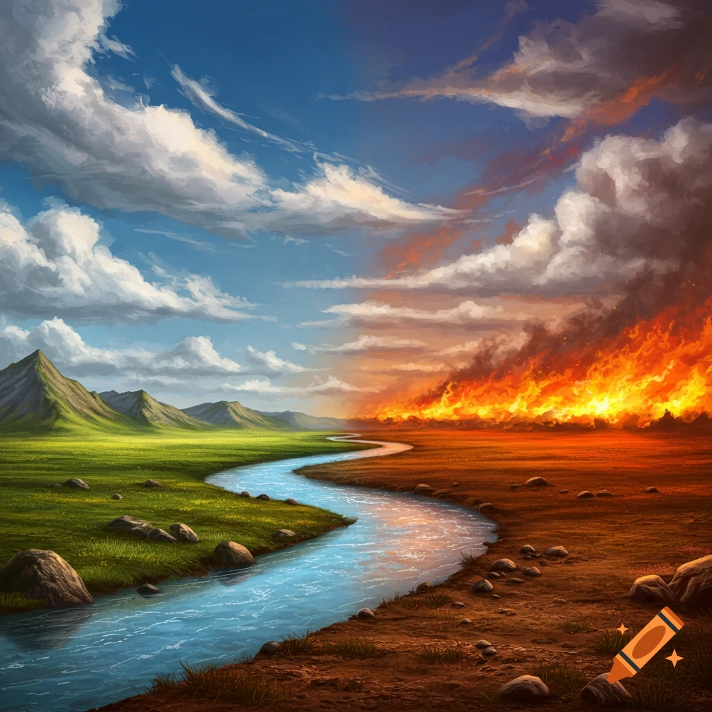 A vibrant landscape split by a winding river, showing a lush green valley with mountains and a blue sky contrasting with a burning, arid land under an orange, smoky sky.