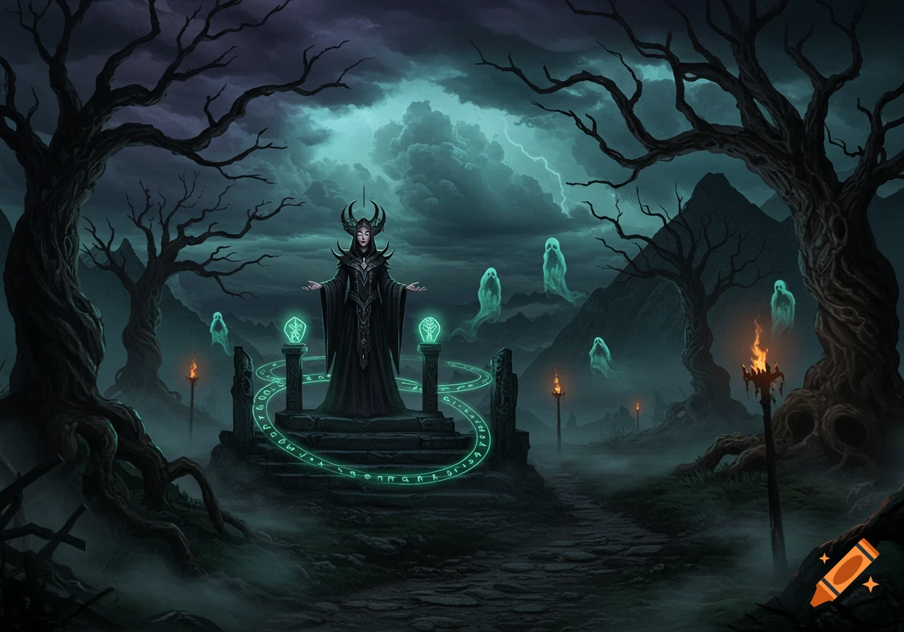 A dark fantasy digital painting depicts a sorceress standing on a stone altar with glowing green runes and spirits in a misty, moonlit forest.