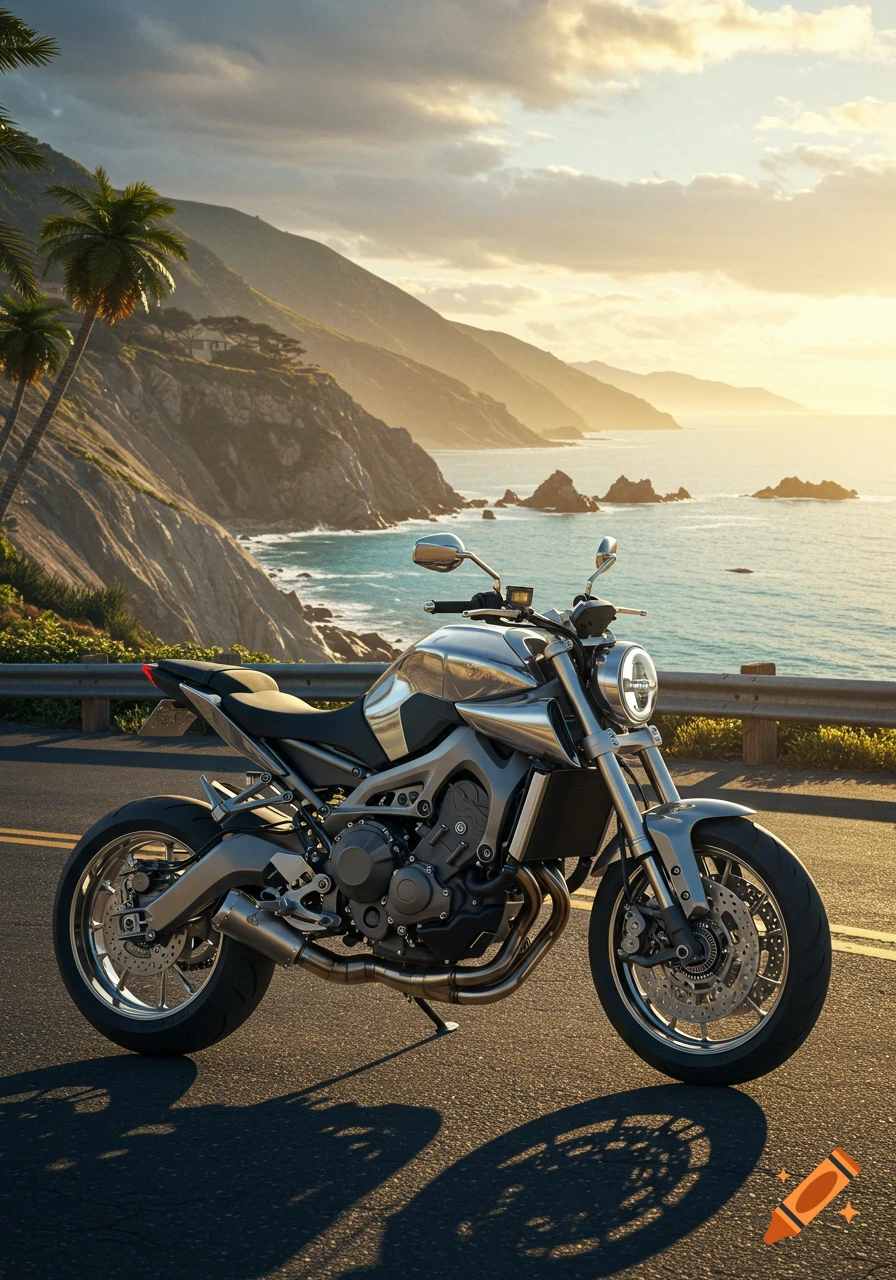 A shiny silver motorcycle parked on a coastal road overlooking the ocean at sunset, with mountains and palm trees.
