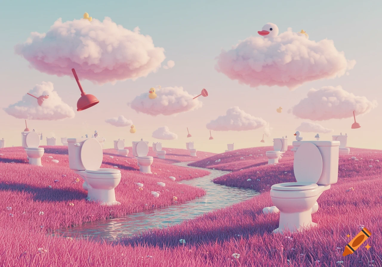 Whimsical, surreal 3D render of a landscape with pink grassy hills, a stream, pastel clouds, toilets, plungers, and rubber ducks.