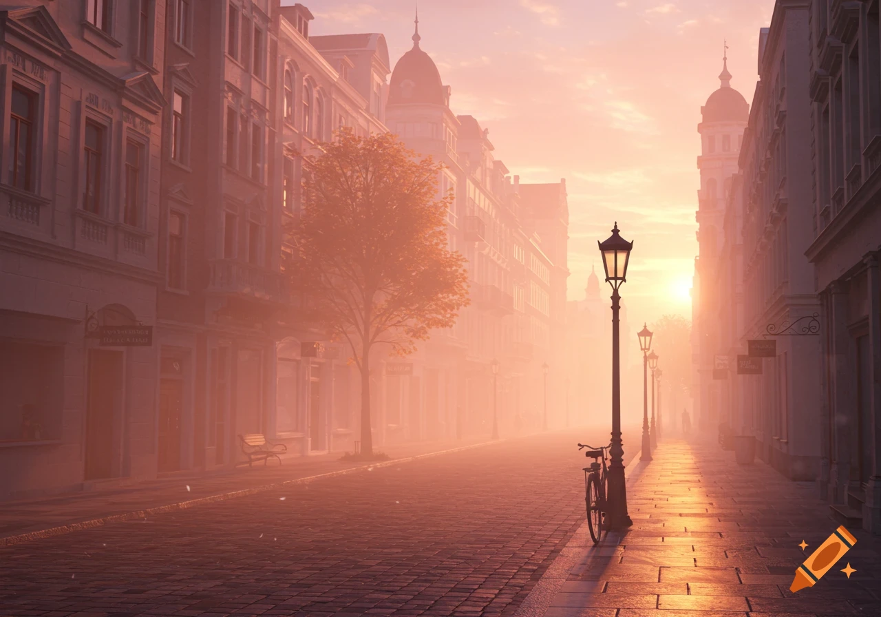 A foggy city street at sunrise, with old buildings, a lamppost, and a bicycle on cobblestone.
