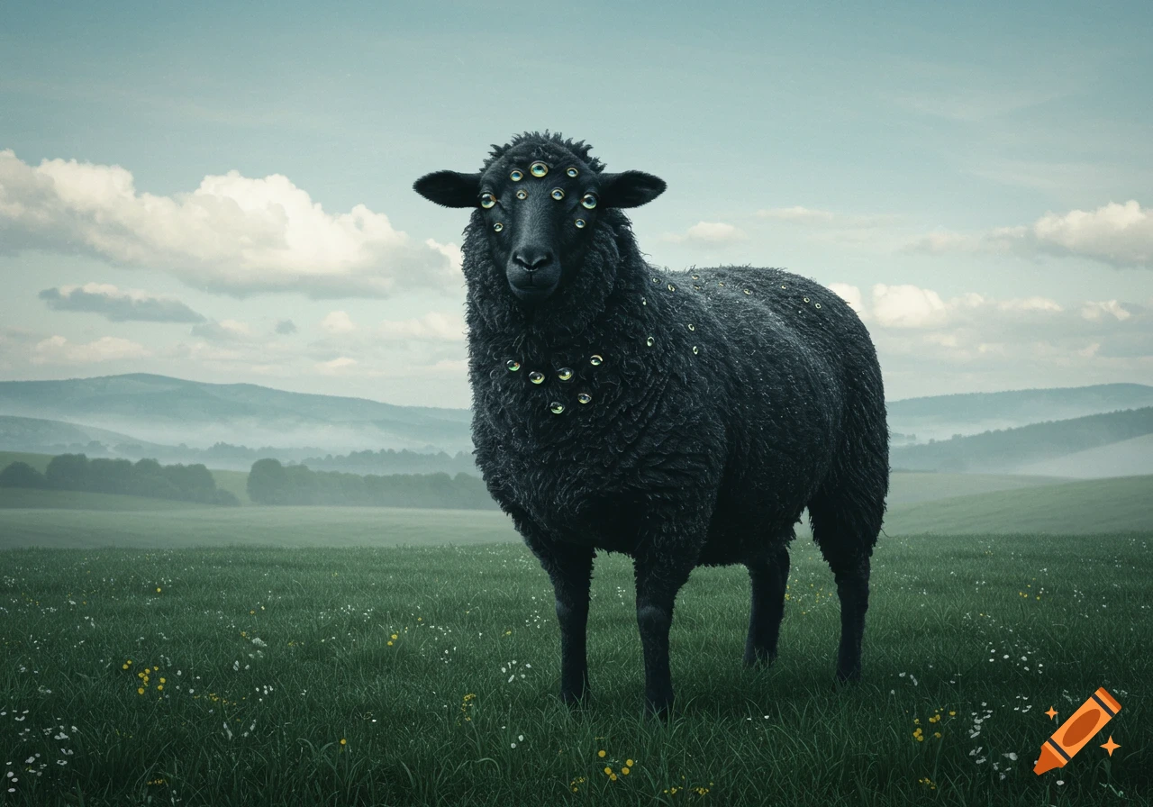 A photorealistic, surreal black sheep with many eyes stands in a green field with wildflowers under a cloudy sky.