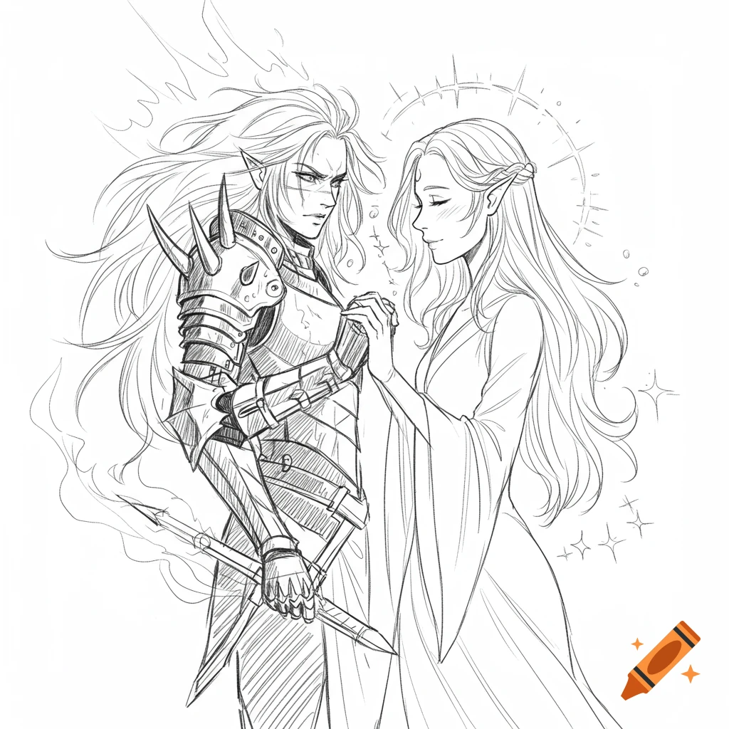 Pencil sketch of an armored warrior with long hair and a stern expression holding hands with a smiling woman in a flowing gown with long hair.