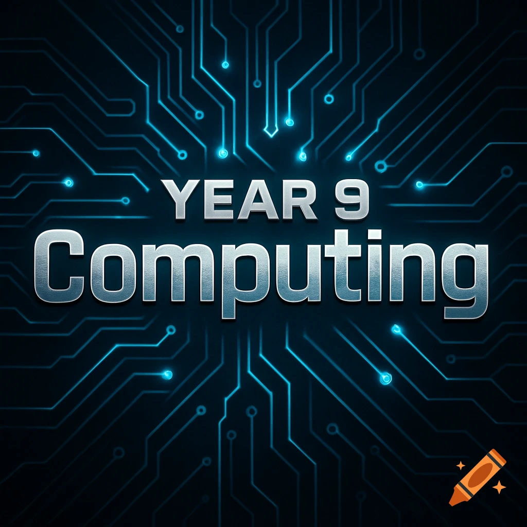 Silver 3D text 'YEAR 9 Computing' on a dark background with glowing blue circuit board lines.