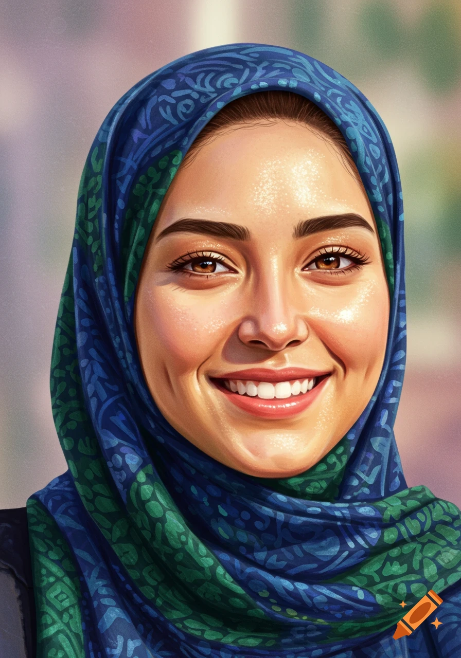 Digital art portrait of a smiling woman wearing a blue and green patterned hijab.