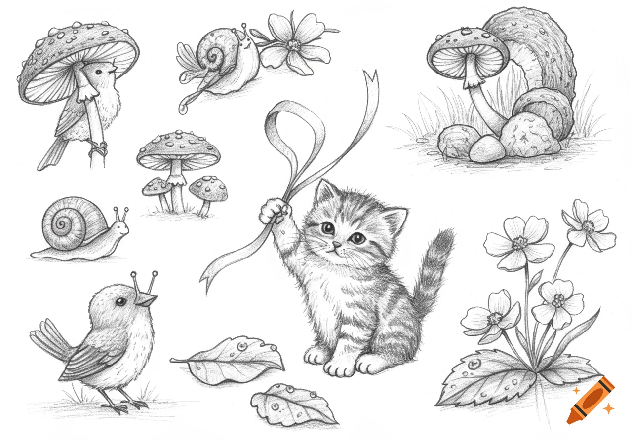 Cute pencil drawings of a kitten, birds, snails, mushrooms, and flowers on a white background.