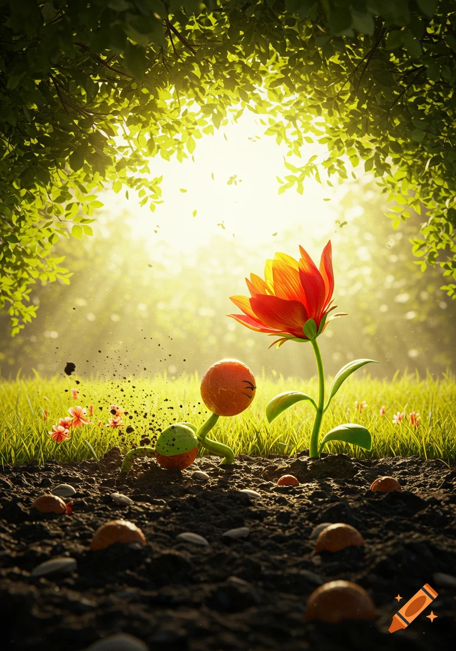 Cartoon seed creature digs in soil next to a blooming red-yellow flower under sunlit green foliage.