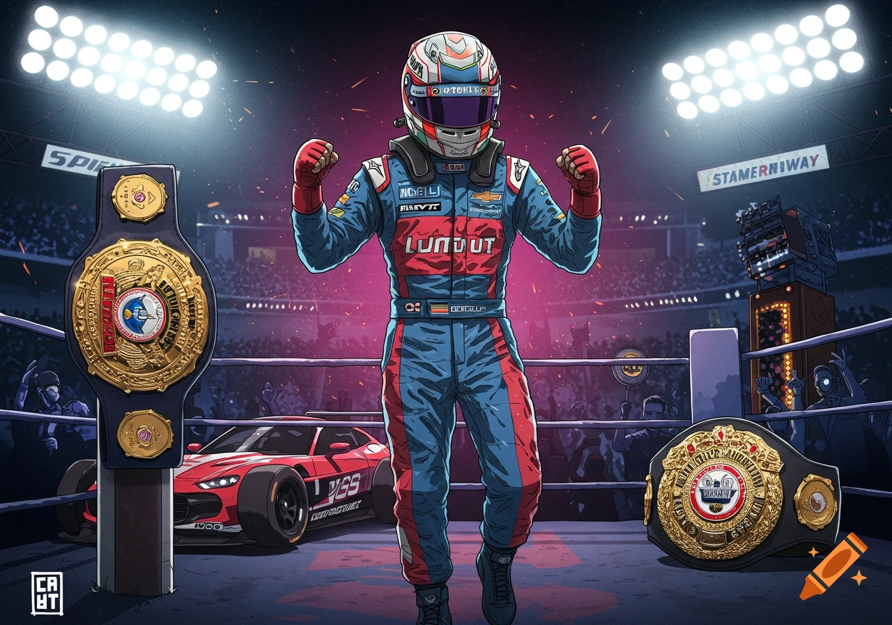 Cartoon illustration of a race car driver in a blue and red suit, wearing a helmet and boxing gloves, posing triumphantly in a boxing ring with two championship belts and a red race car. A stadium crowd and bright lights are in the background.