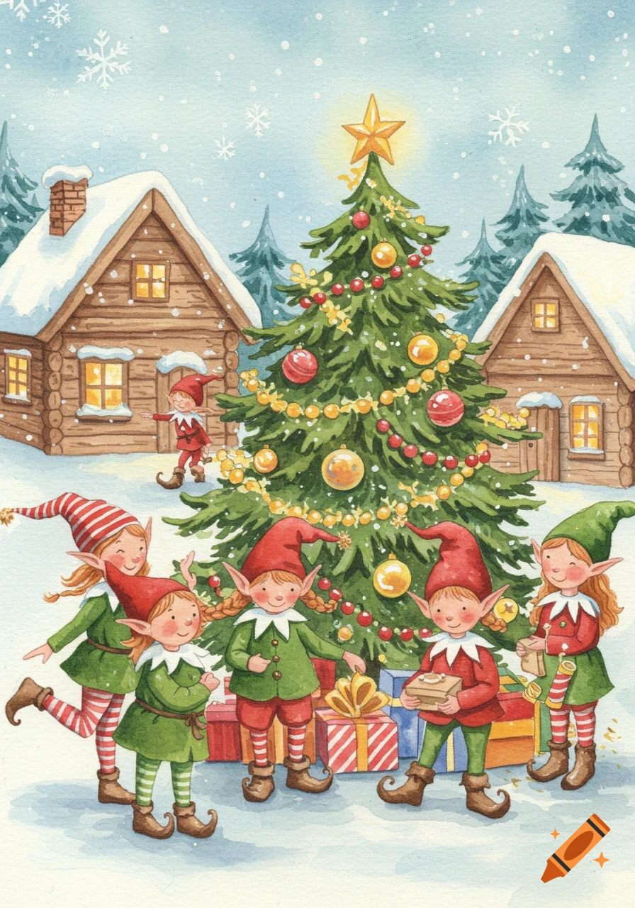 A watercolor illustration of Christmas elves in a snowy village, gathered around a decorated Christmas tree with presents.