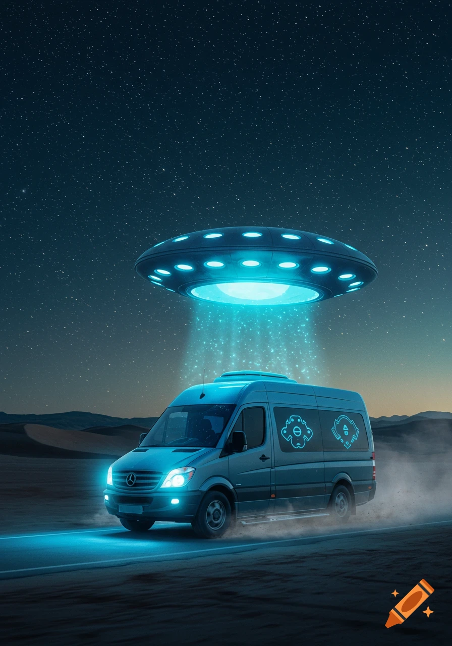 A blue Sprinter van drives through a desert at night under a starry sky, illuminated by a glowing blue UFO.