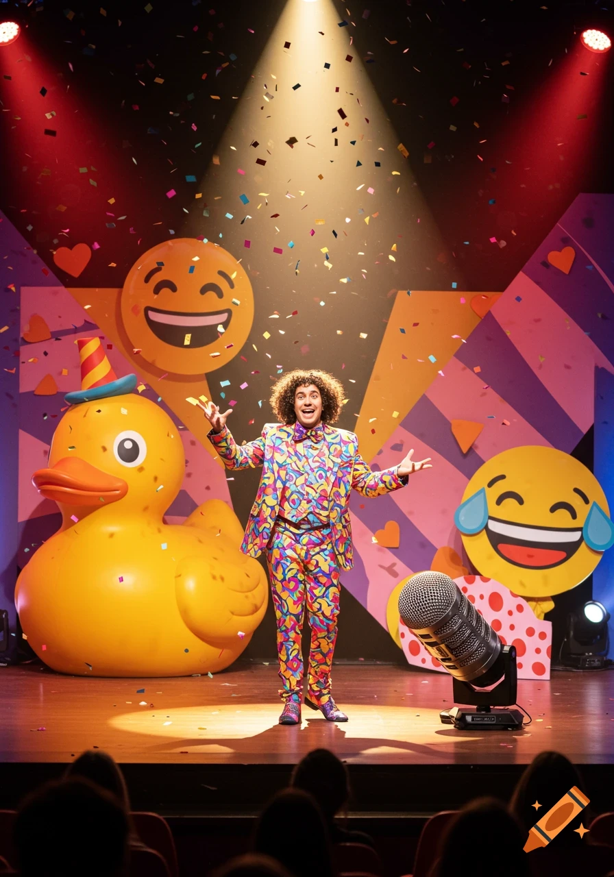 A person in a colorful suit on a stage with giant emojis and a rubber duck, under confetti and spotlights.