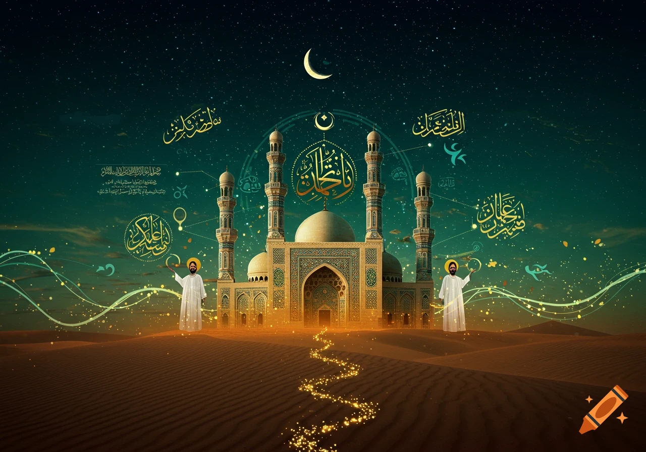 A majestic mosque with minarets stands in a desert under a star-filled night sky with a crescent moon. Two figures in white robes with halos stand beside it, amidst glowing lines and intricate Arabic calligraphy.