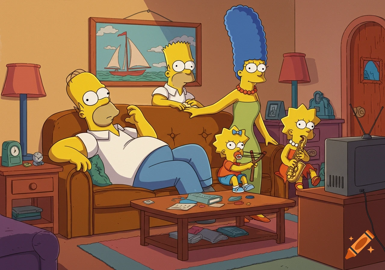 The Simpsons family in their animated living room. Homer relaxes, Bart stands, Marge stands, Maggie plays with a slingshot, and Lisa plays saxophone.
