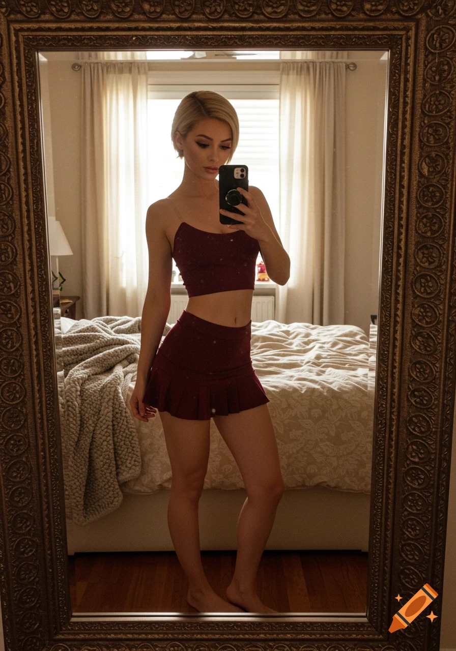 Young woman in a dark red crop top and skirt taking a mirror selfie in her bedroom.