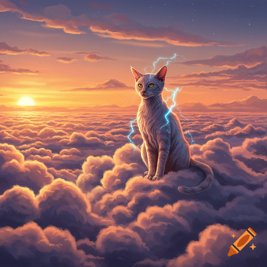 A majestic grey cat with yellow eyes and lightning sits on fluffy clouds above a vast cloudscape at sunset, digital painting.