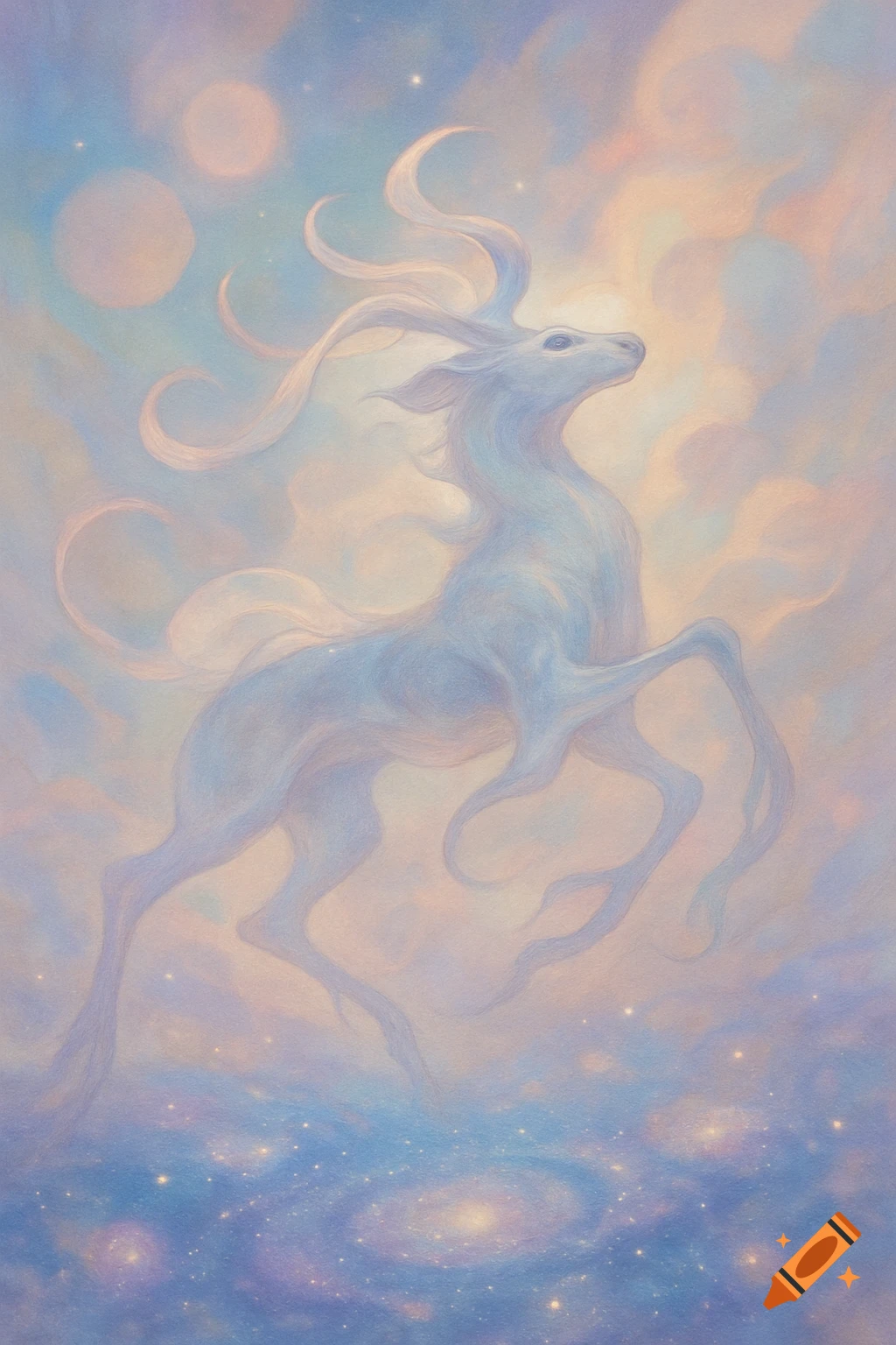 An ethereal deer-like creature with long, flowing antlers floats in a dreamy, pastel-colored celestial sky with planets and stars.