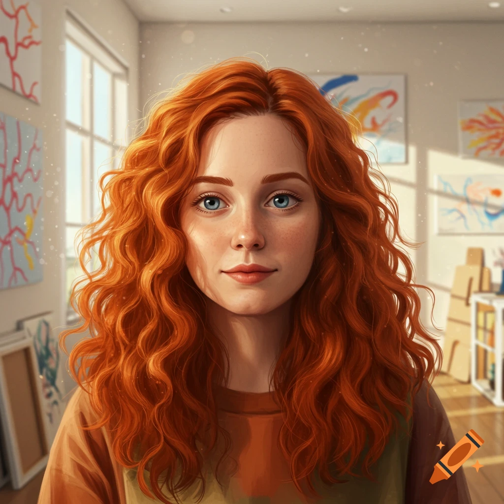 Close-up digital portrait of a young red-haired woman with blue eyes in an art studio.